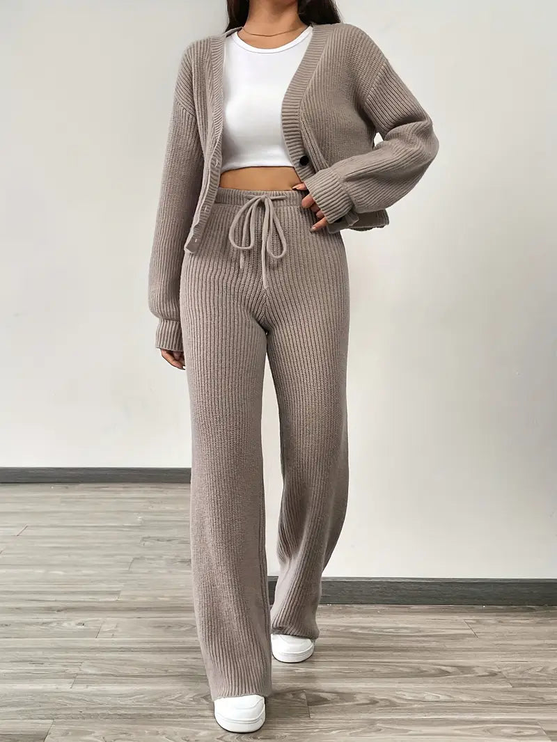Knit V-Neck Cardigan & Wide Leg Pants Set - Casual Tracksuit