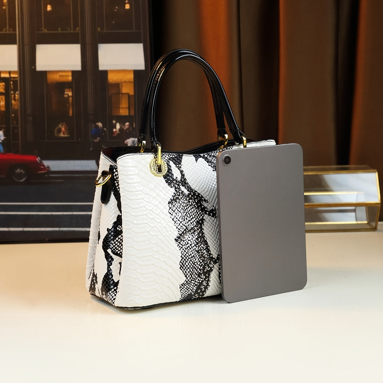 White Animal Print Handbag | Faux Snakeskin & Crocodile Pattern