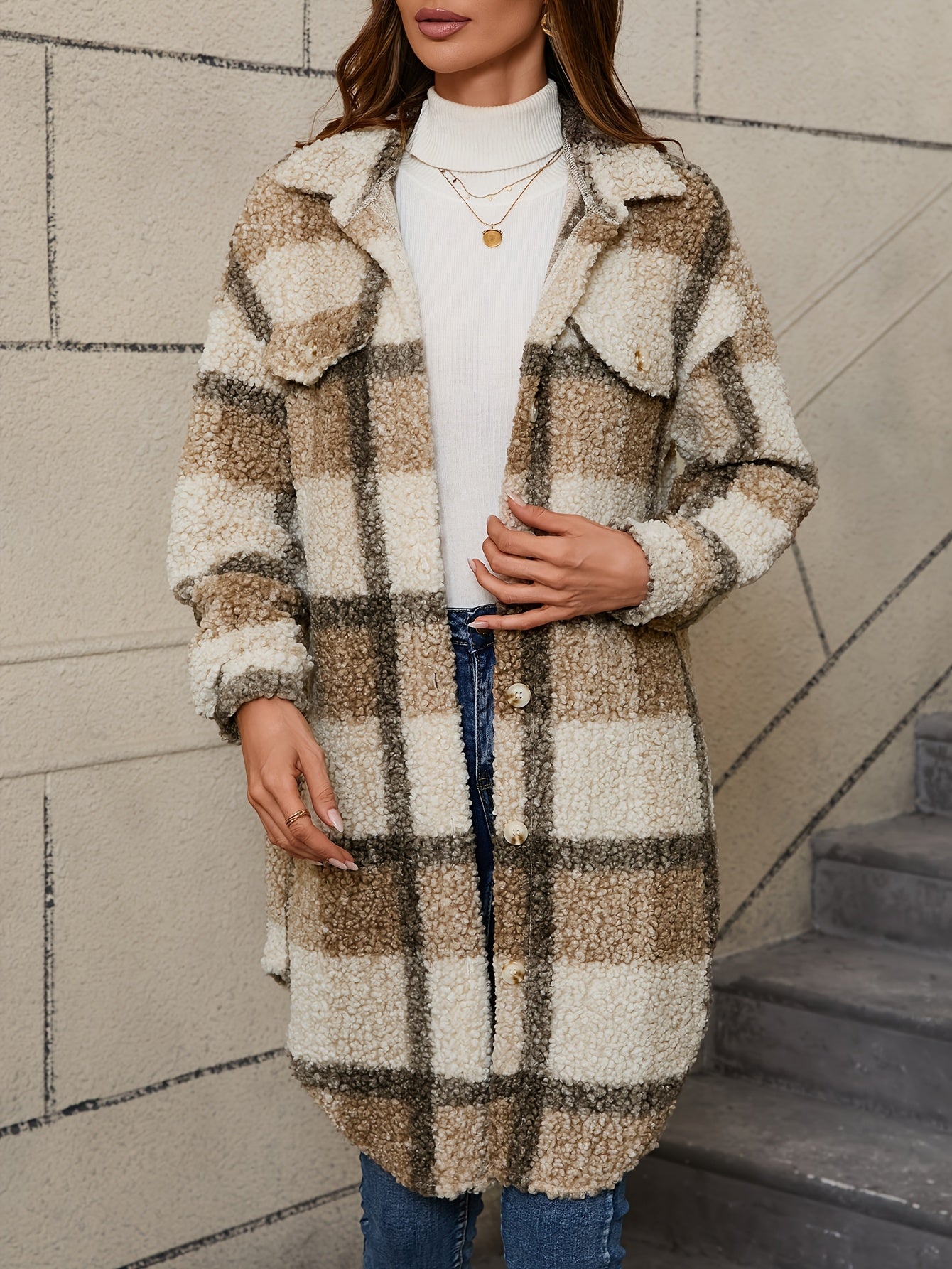 Fuzzy Plaid Button | Long Length Lapel Thermal Jacket