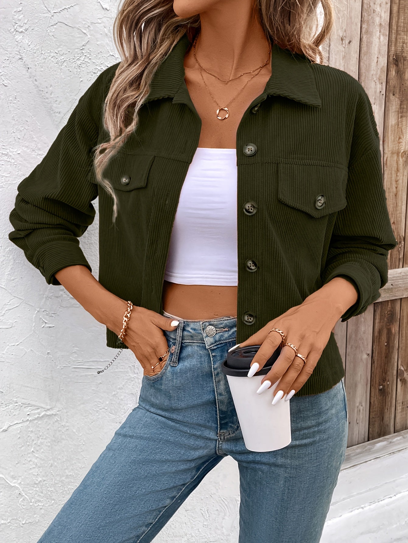 Chic Light Corduroy Button-Up Jacket with Ribbed Cuffs