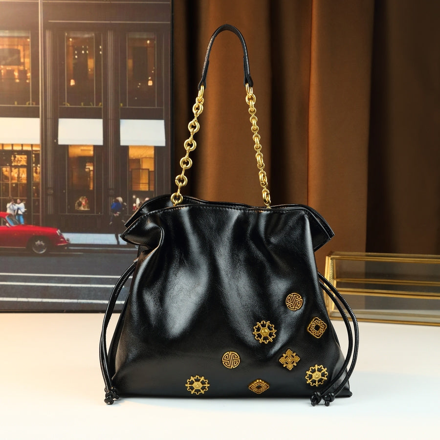 Black Drawstring Bucket Bag | Gold Hardware