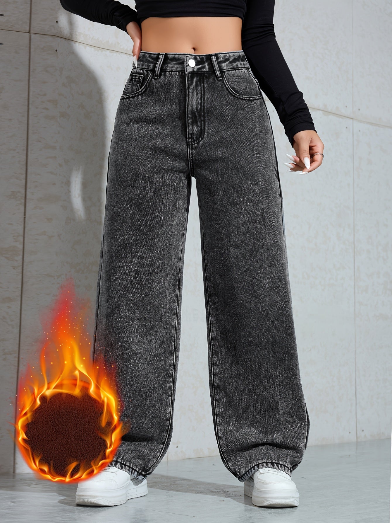 Women's Warm Fleece-Lined Wide-Leg Jeans