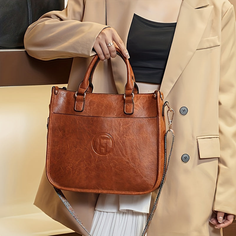 Retro Solid Color Handbag with Wide Boho Strap