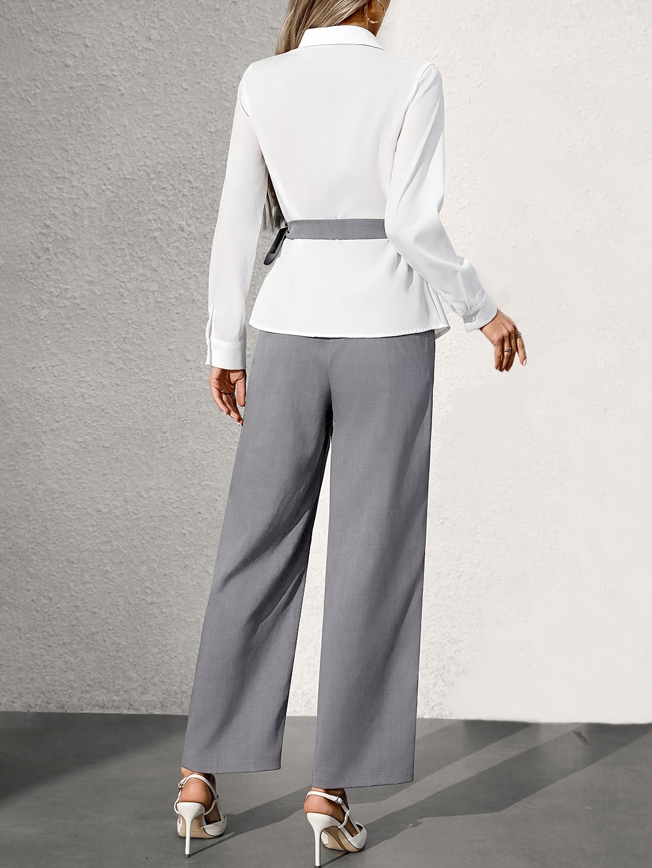 Solid Lapel Collar Pants Suit Set