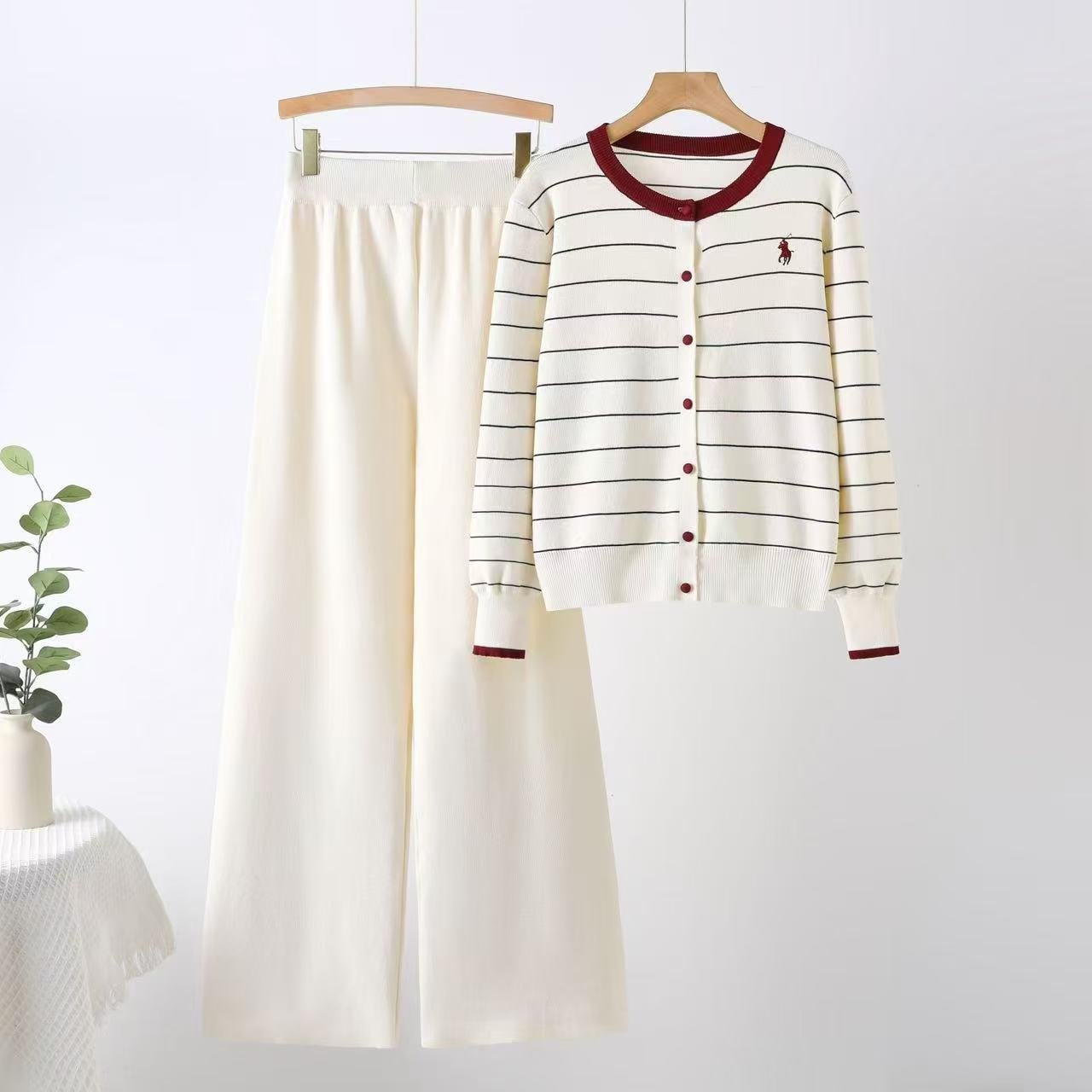 Striped Knit Top & High-Waist Pants Set