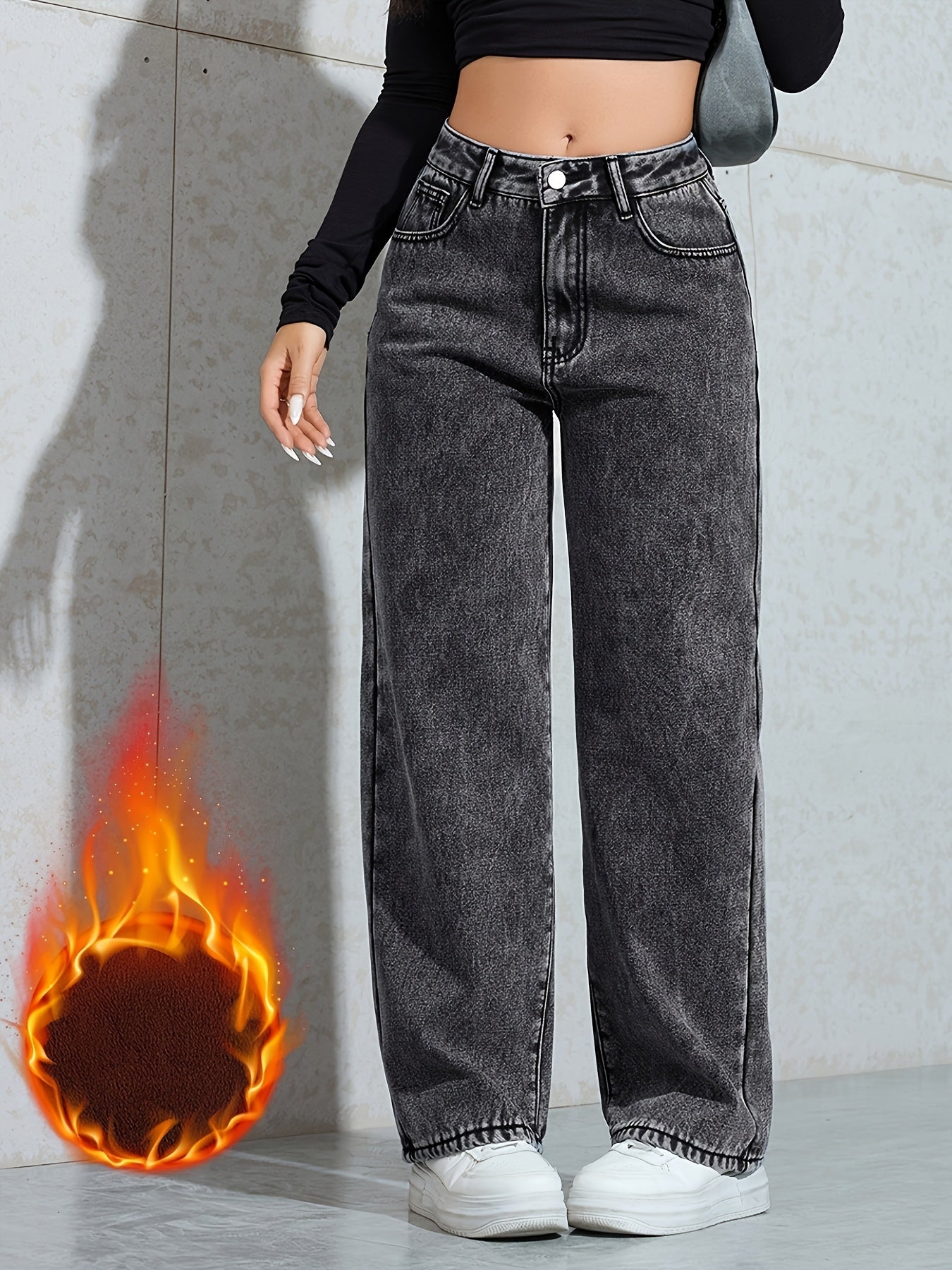 Women's Warm Fleece-Lined Wide-Leg Jeans
