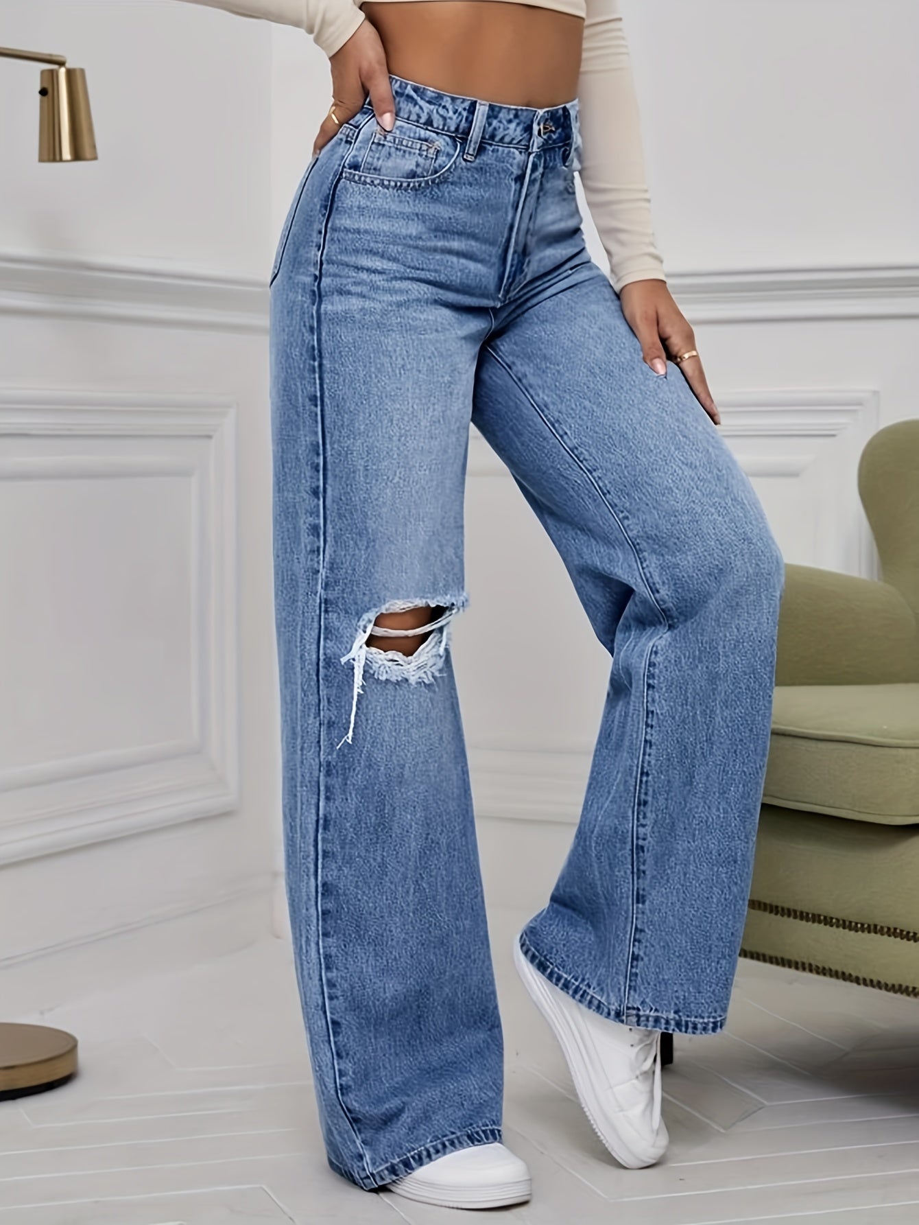 High-Waist Ripped Wide-Leg Bootcut Jeans