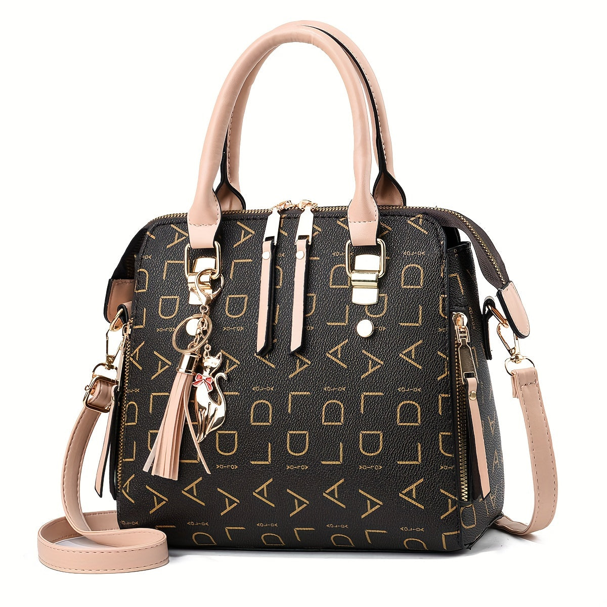 Letter-Print Crossbody with Tassel Charm