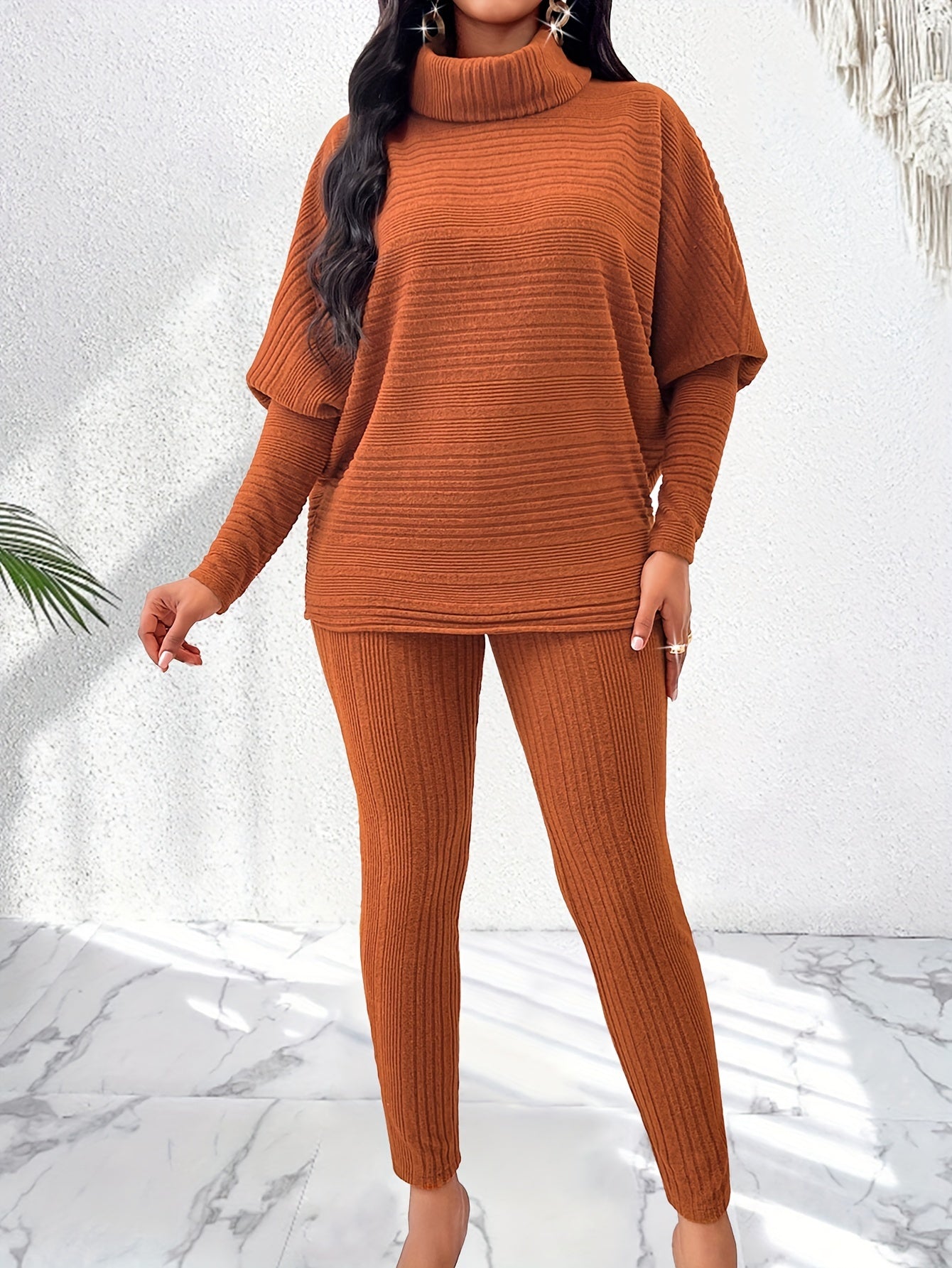 Elegant Solid Stand Collar Long Sleeve Knit Pants Set - Fall/Winter