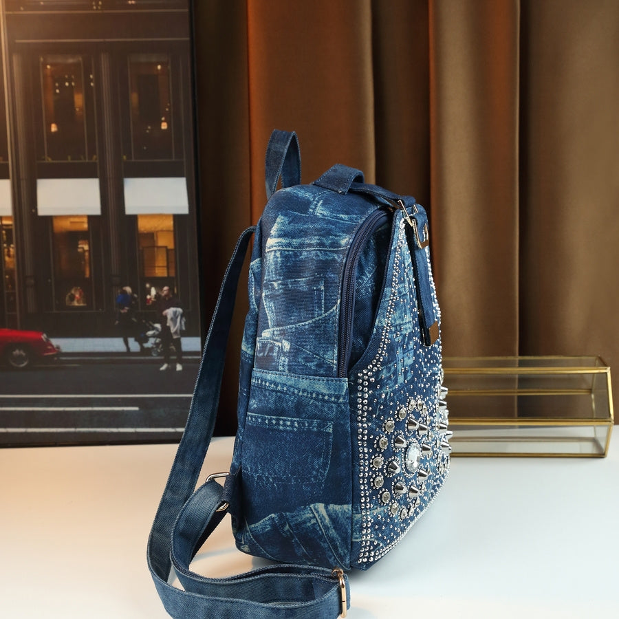 Mini Denim Backpack | Rhinestone Sunflower Embellished