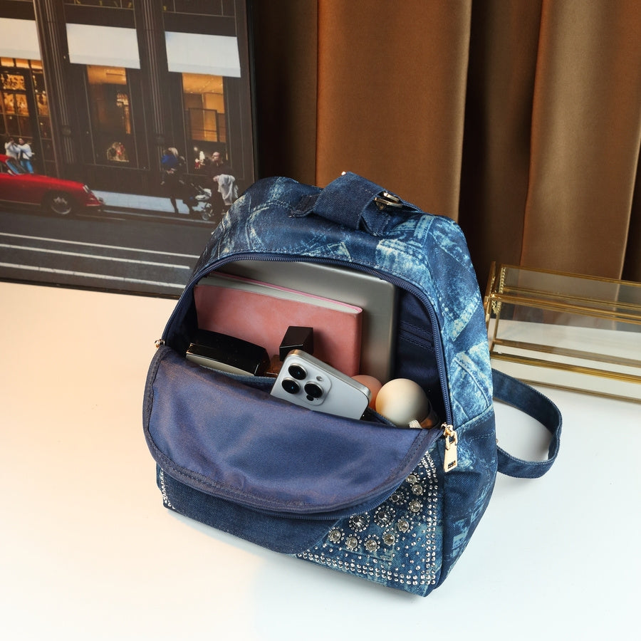 Mini Denim Backpack | Rhinestone Sunflower Embellished