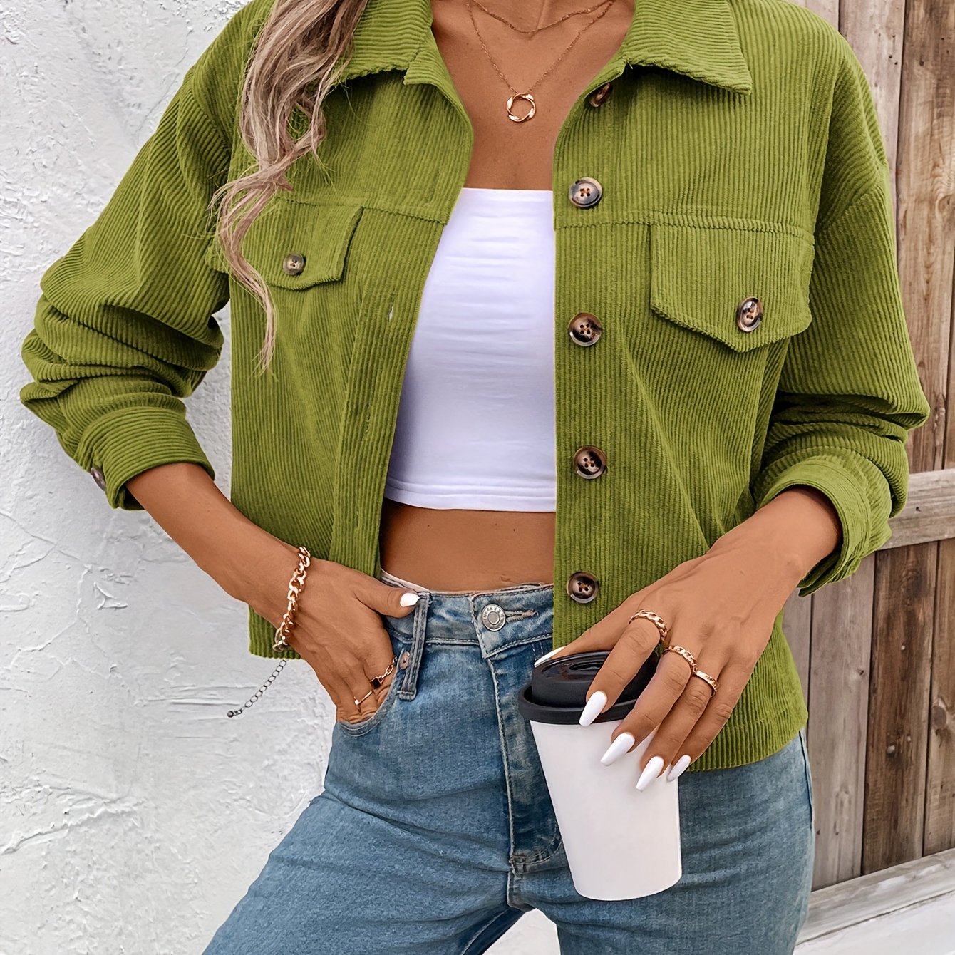 Chic Light Corduroy Button-Up Jacket with Ribbed Cuffs