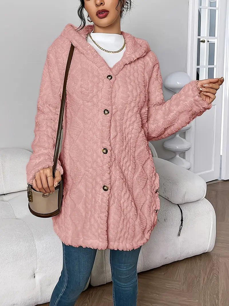 Warm Argyle Jacquard Plush Hooded Cardigan Coat