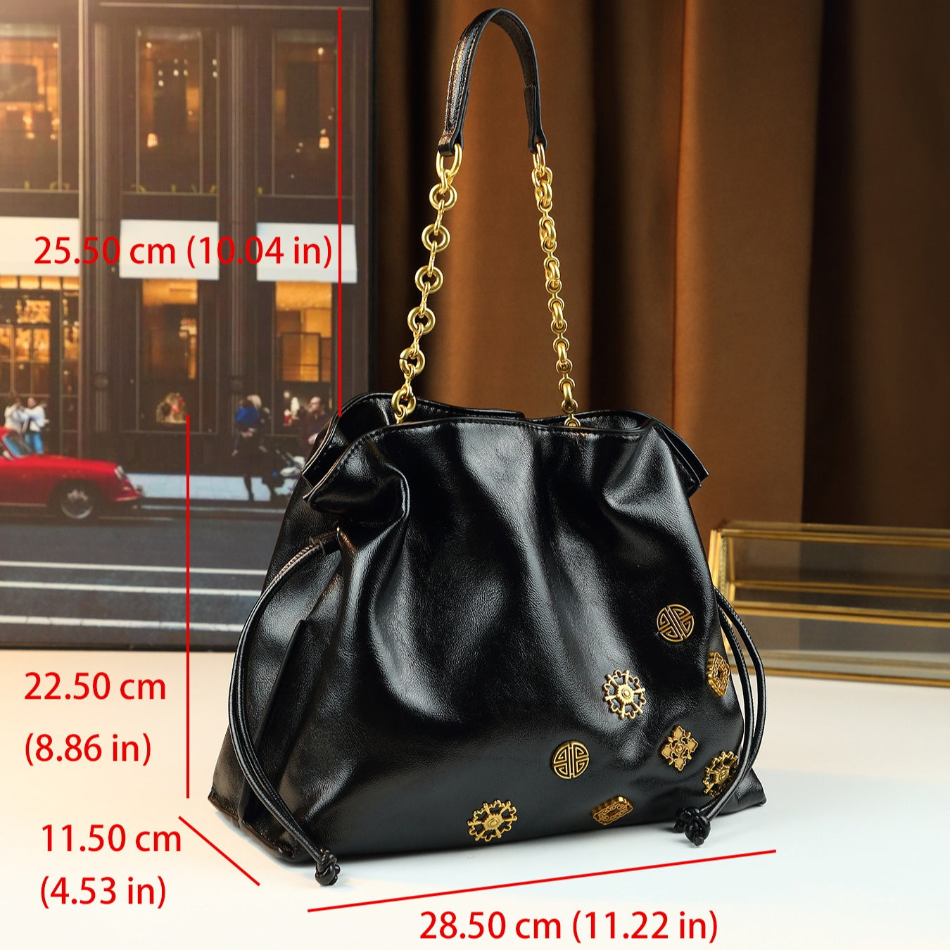 Black Drawstring Bucket Bag | Gold Hardware