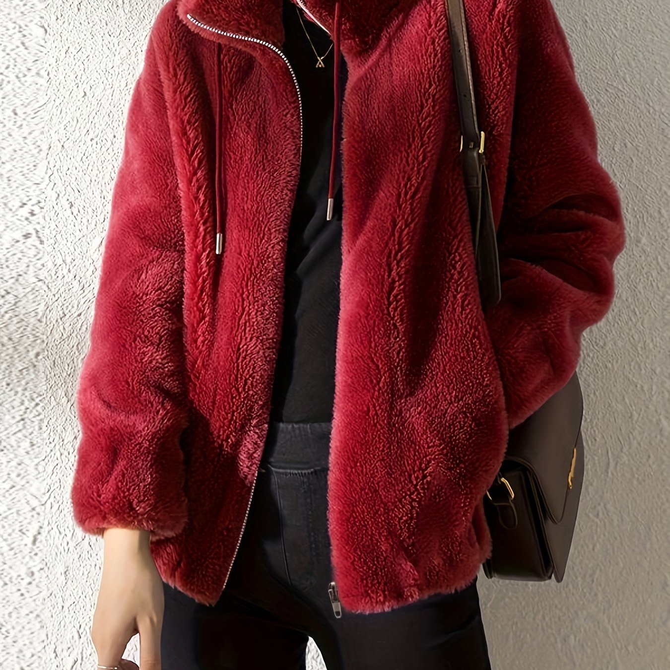 Solid Color Plush Zip-Up Knit Warm Casual Coat