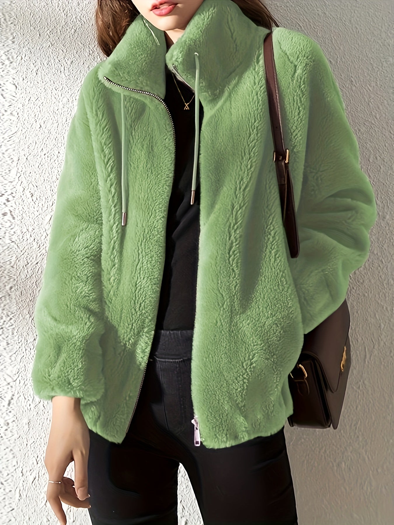 Solid Color Plush Zip-Up Knit Warm Casual Coat