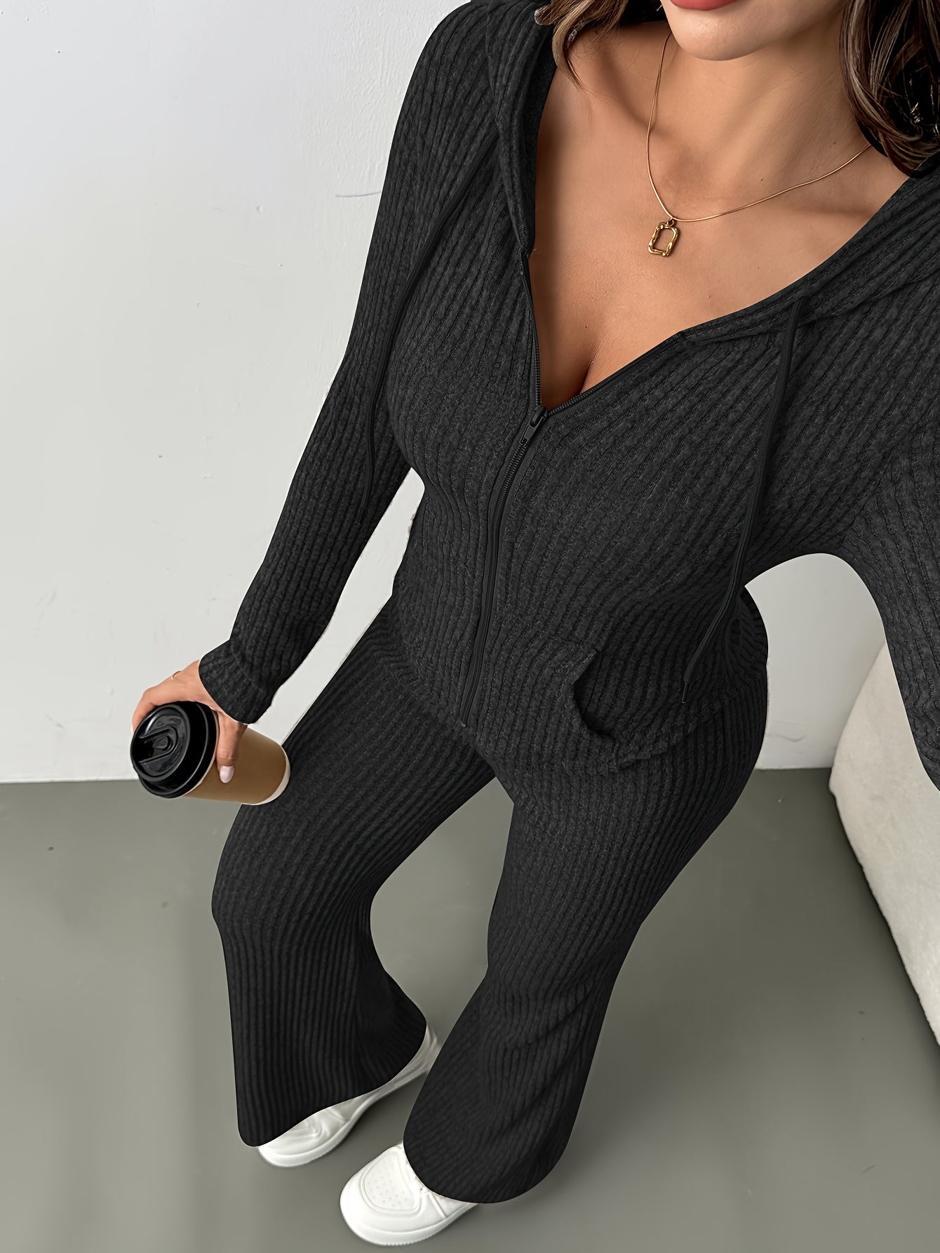 2pcs Set Women's Solid Color Hooded Zipper Top and Casual Trousers