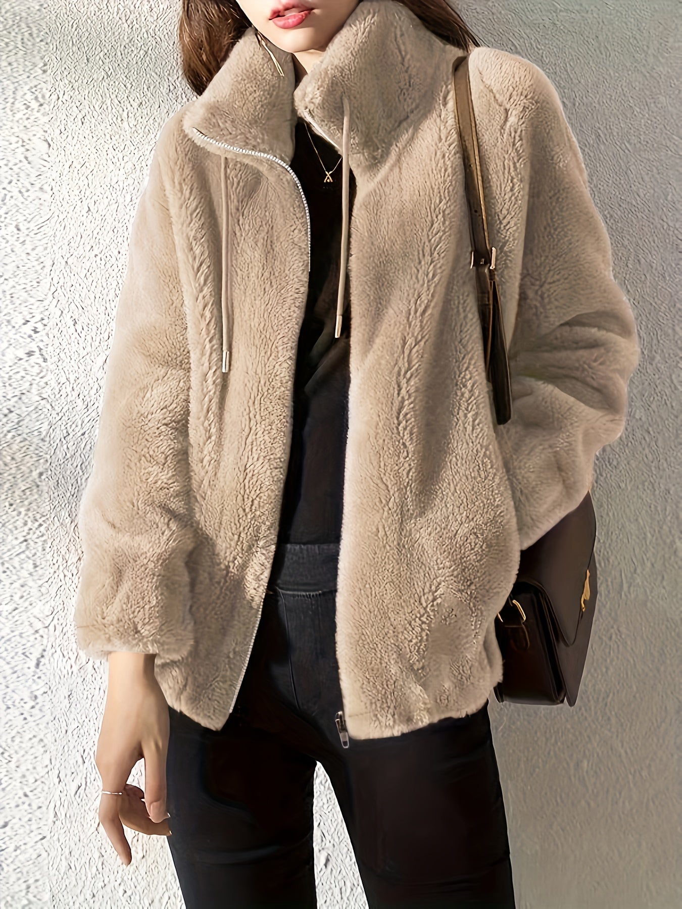 Solid Color Plush Zip-Up Knit Warm Casual Coat