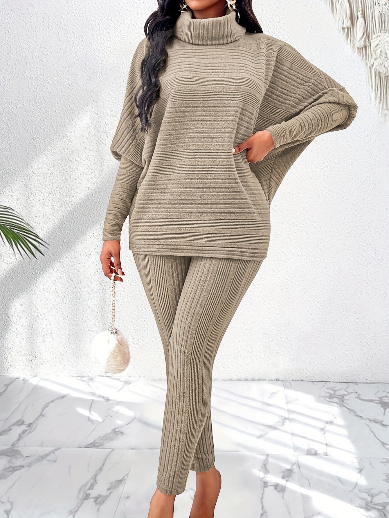 Elegant Solid Stand Collar Long Sleeve Knit Pants Set - Fall/Winter