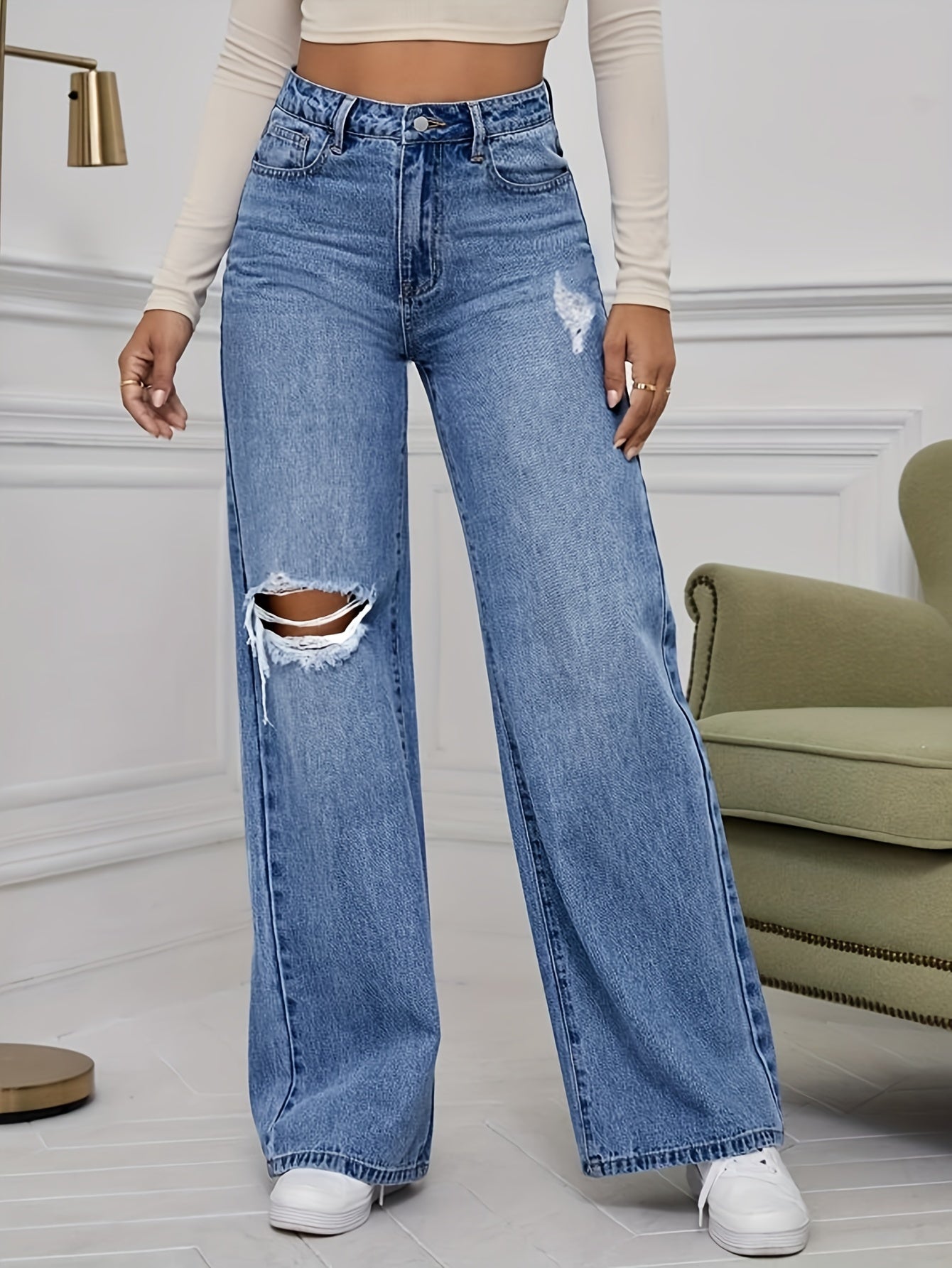 High-Waist Ripped Wide-Leg Bootcut Jeans