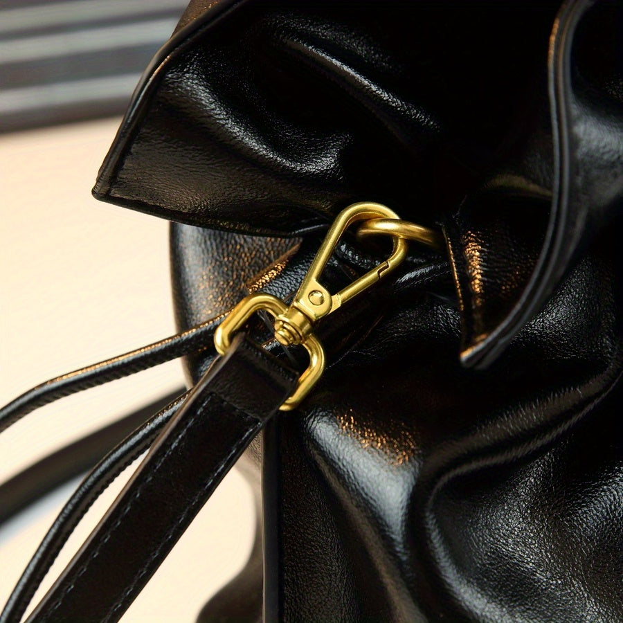 Black Drawstring Bucket Bag | Gold Hardware