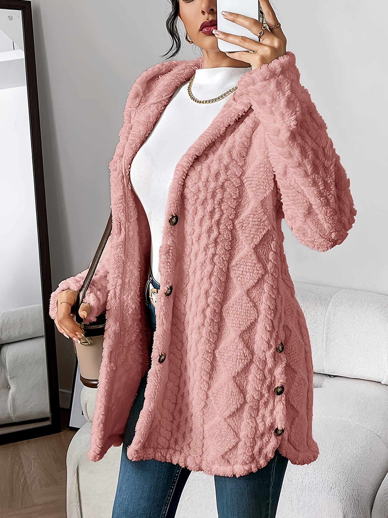 Warm Argyle Jacquard Plush Hooded Cardigan Coat