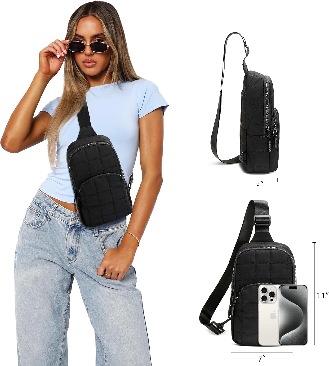 Quilted Puffer Sling Crossbody (Black)