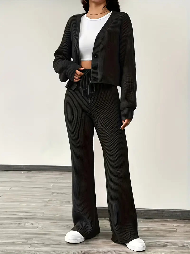 Knit V-Neck Cardigan & Wide Leg Pants Set - Casual Tracksuit