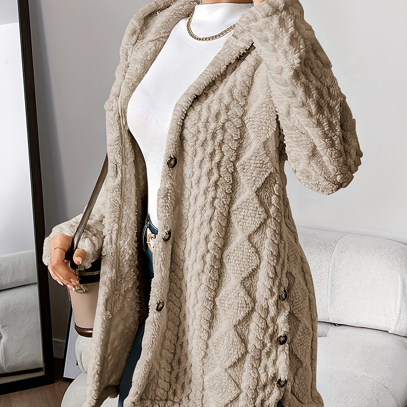Warm Argyle Jacquard Plush Hooded Cardigan Coat