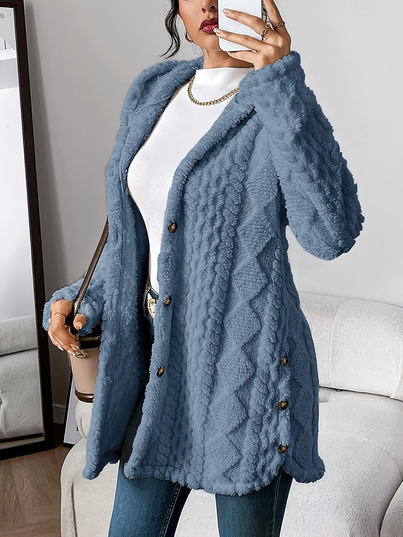 Warm Argyle Jacquard Plush Hooded Cardigan Coat