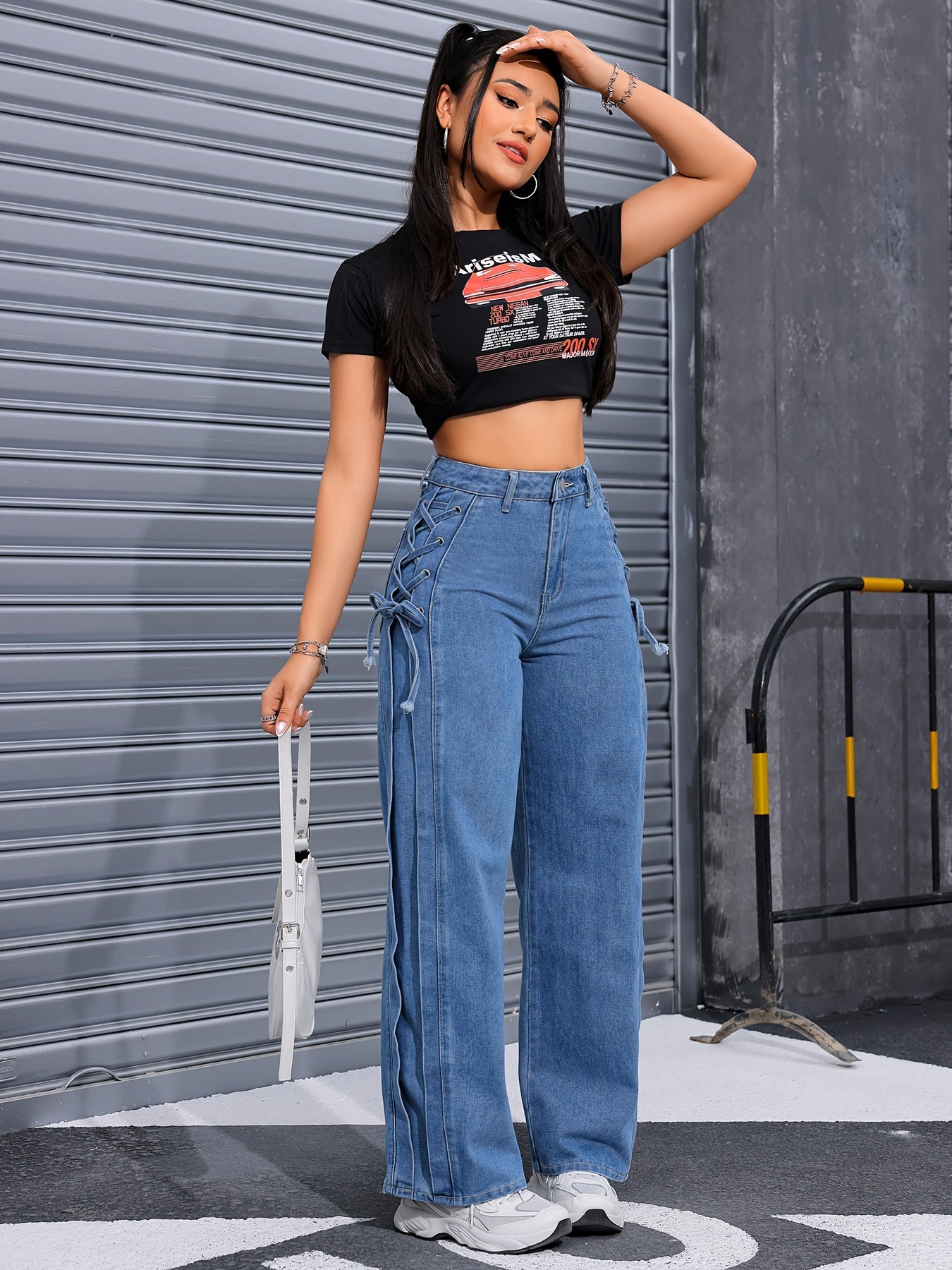 Wide-Leg Streetwear Pants with Lace-Up Tie - Oversized Rayon