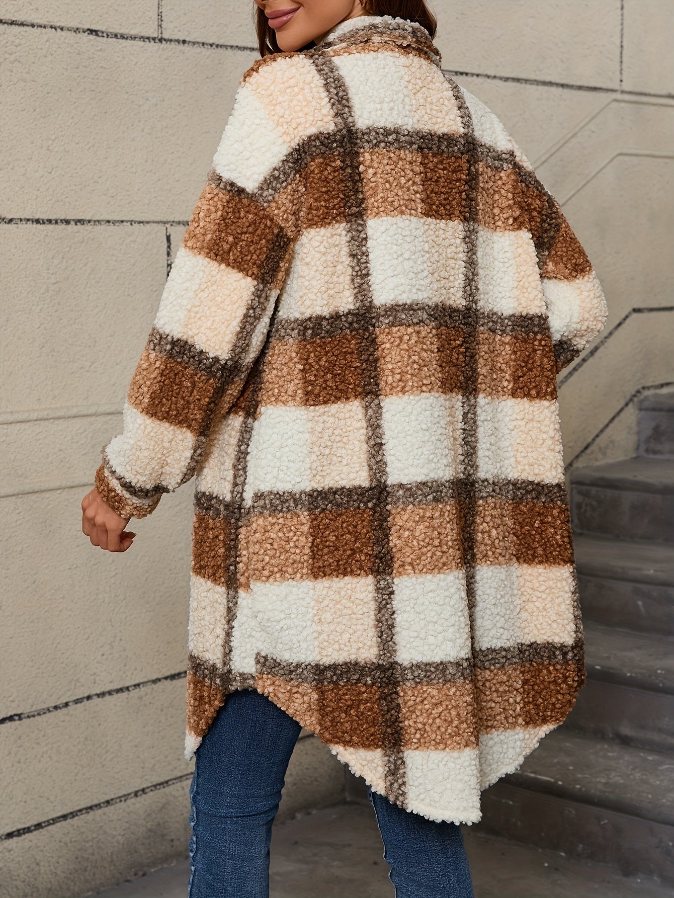 Fuzzy Plaid Button | Long Length Lapel Thermal Jacket