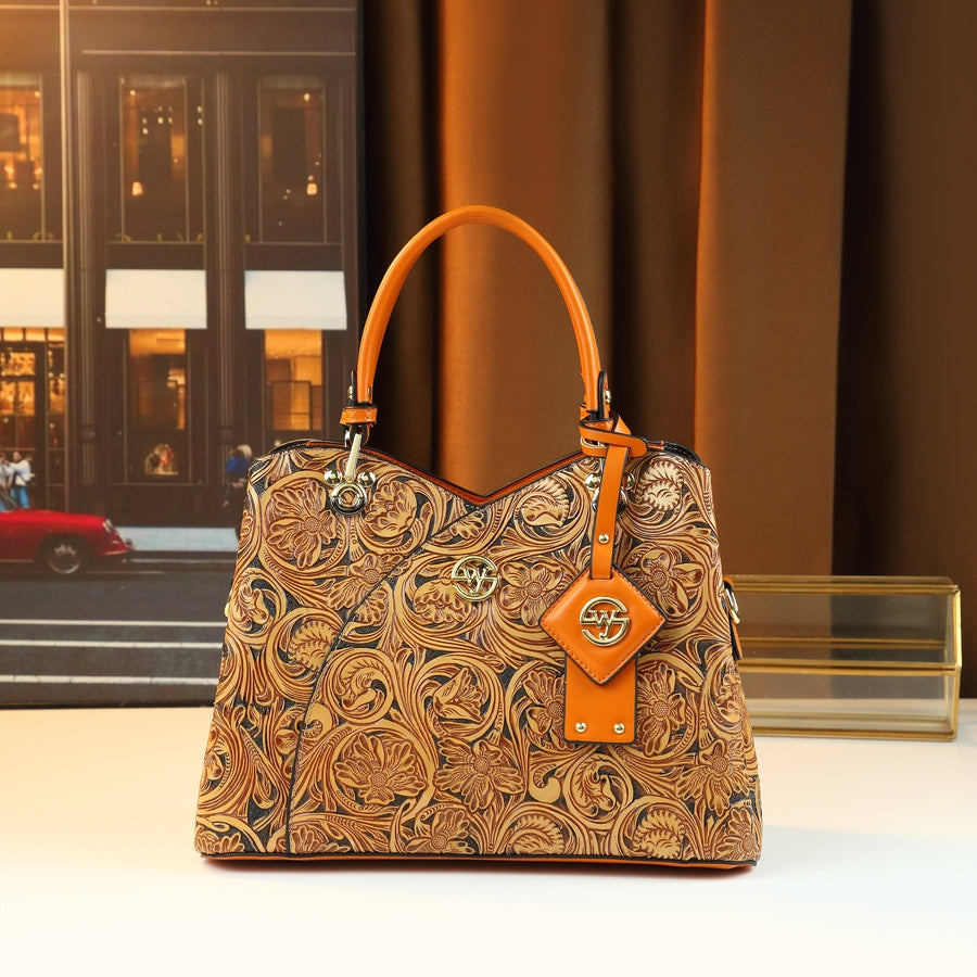 Retro Embossed Floral Handbag in Deep Purple