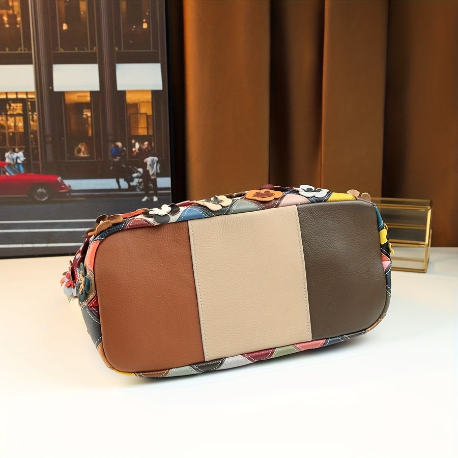 Multicolor Floral Leather Tote Bag with Detachable Strap