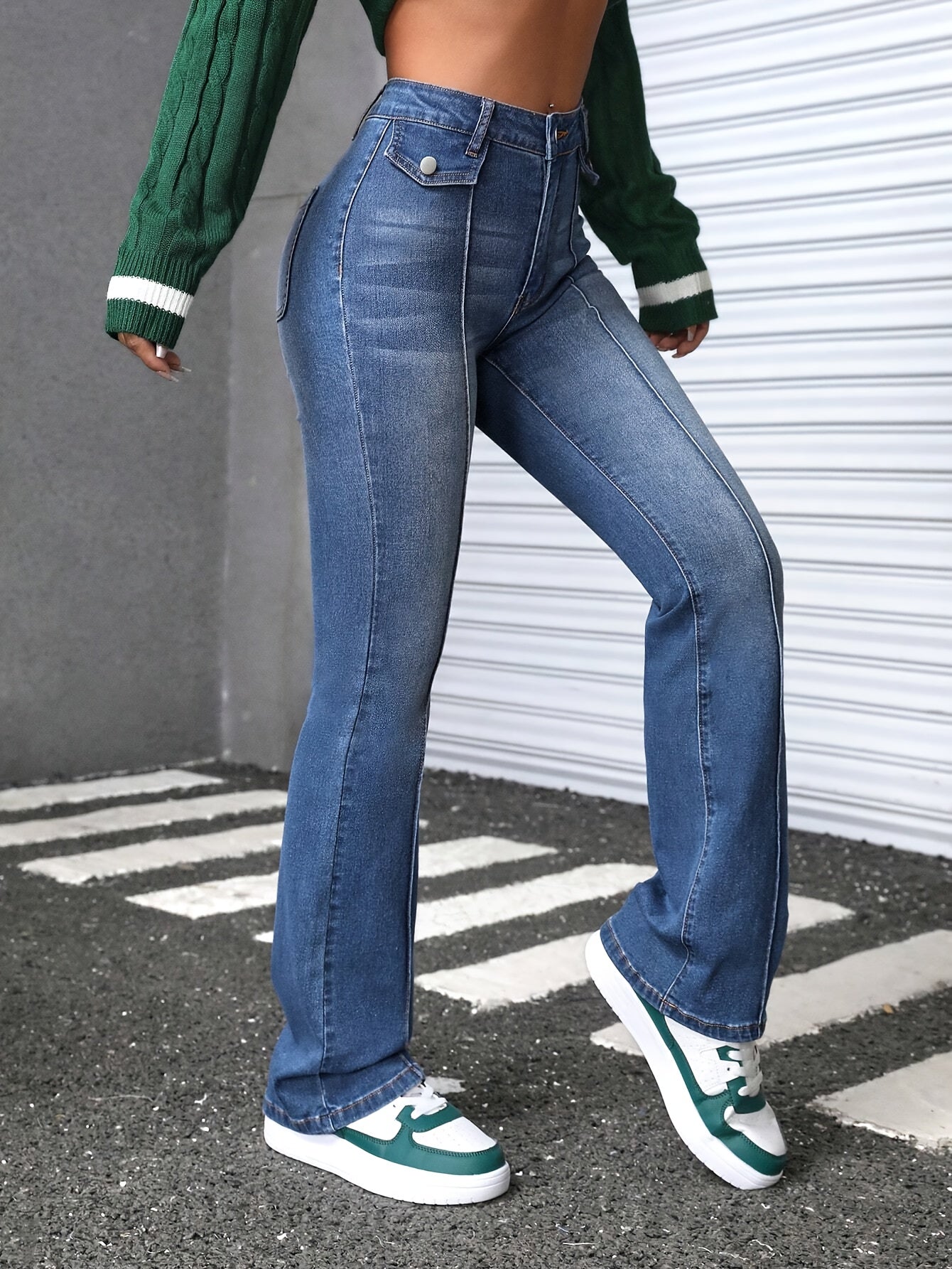 Flare Jeans - Vintage Washed Blue High-Stretch Denim