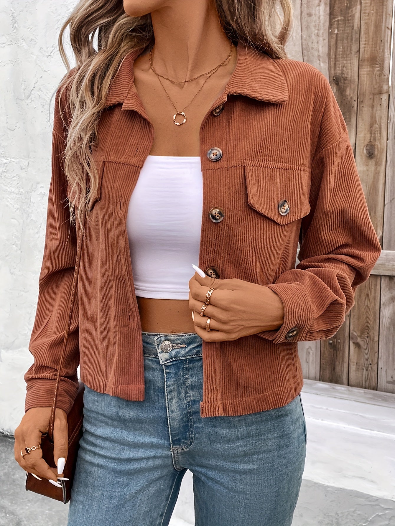 Chic Light Corduroy Button-Up Jacket with Ribbed Cuffs