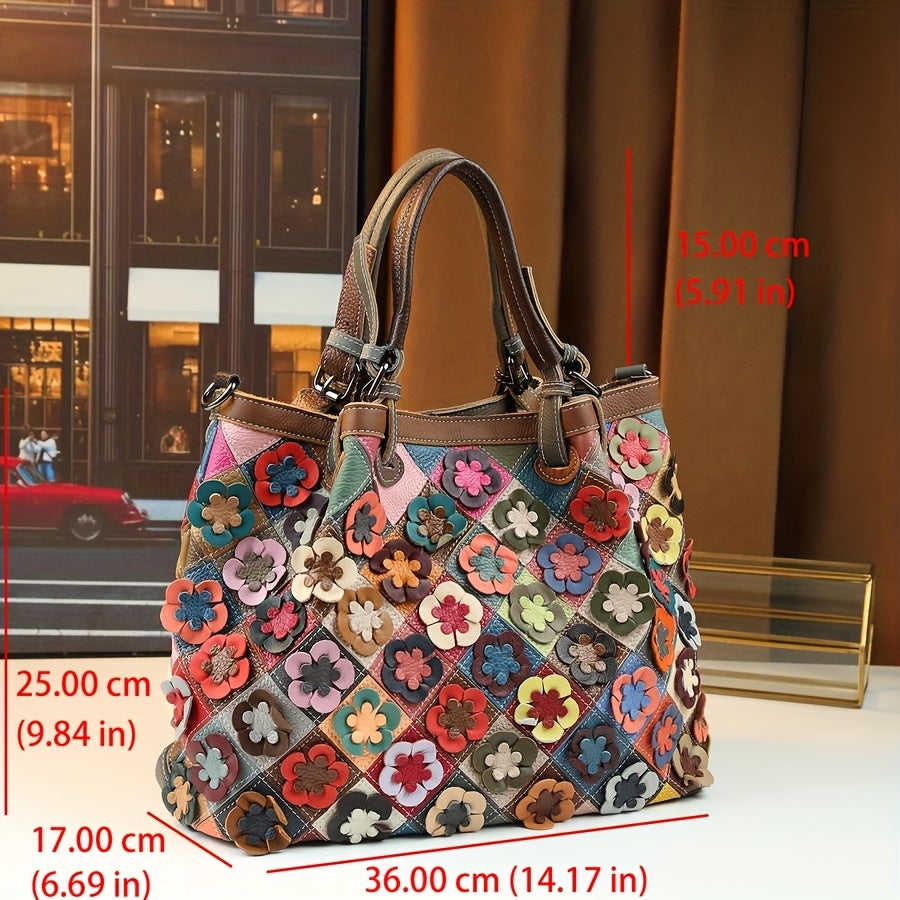 Multicolor Floral Leather Tote Bag with Detachable Strap