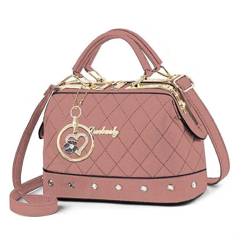 Black Quilted Boston Bag with Heart Charm