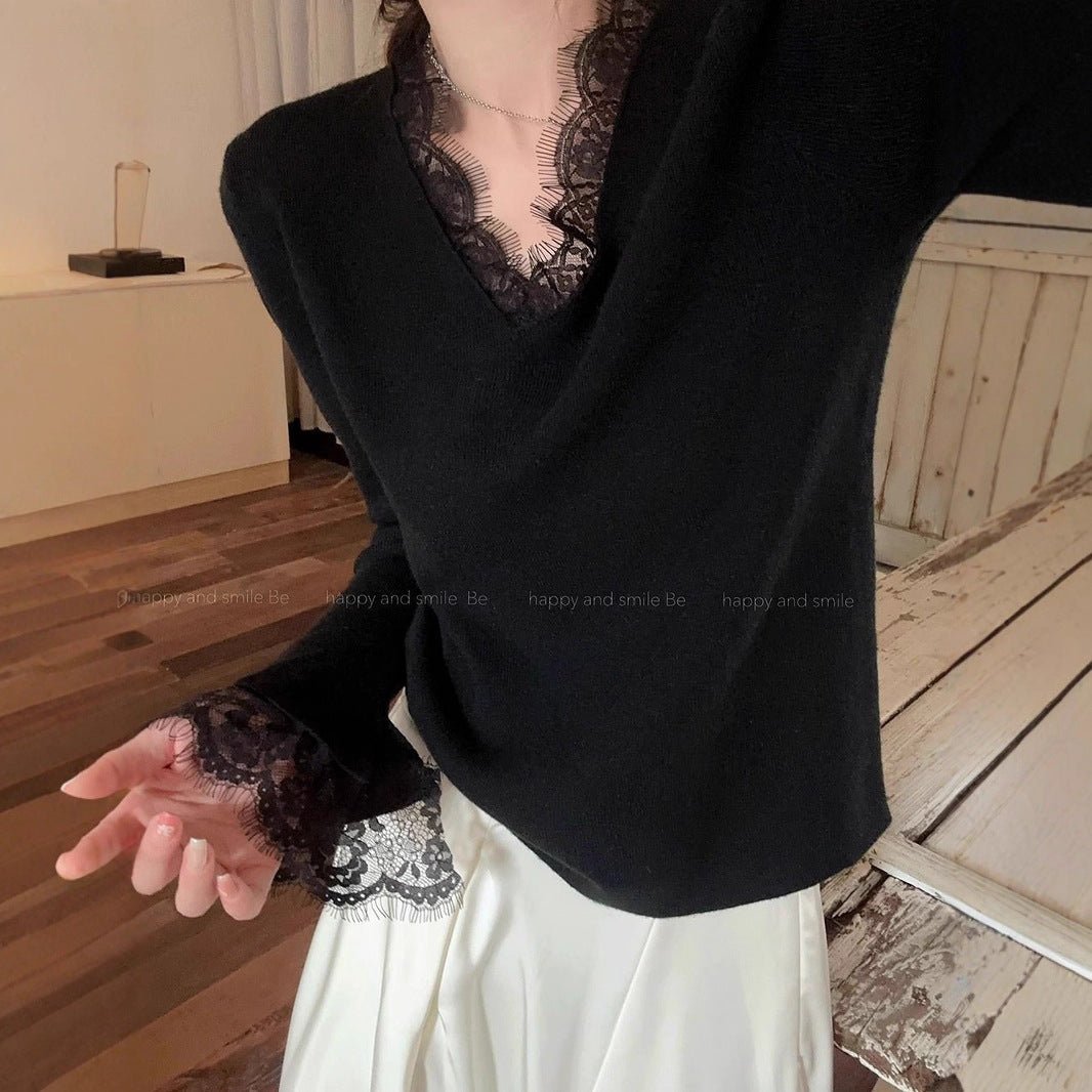 Slim V-Neck Lace Gauze Pullover