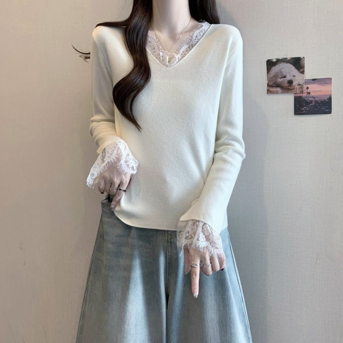 Slim V-Neck Lace Gauze Pullover