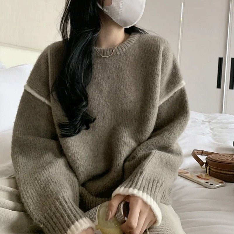 Loose Contrast Crew Neck Pullover (Retro)