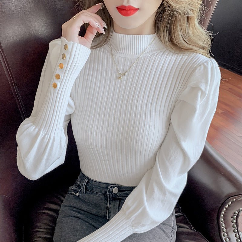 Slim Bubble Sleeve Semi-Turtleneck Pullover