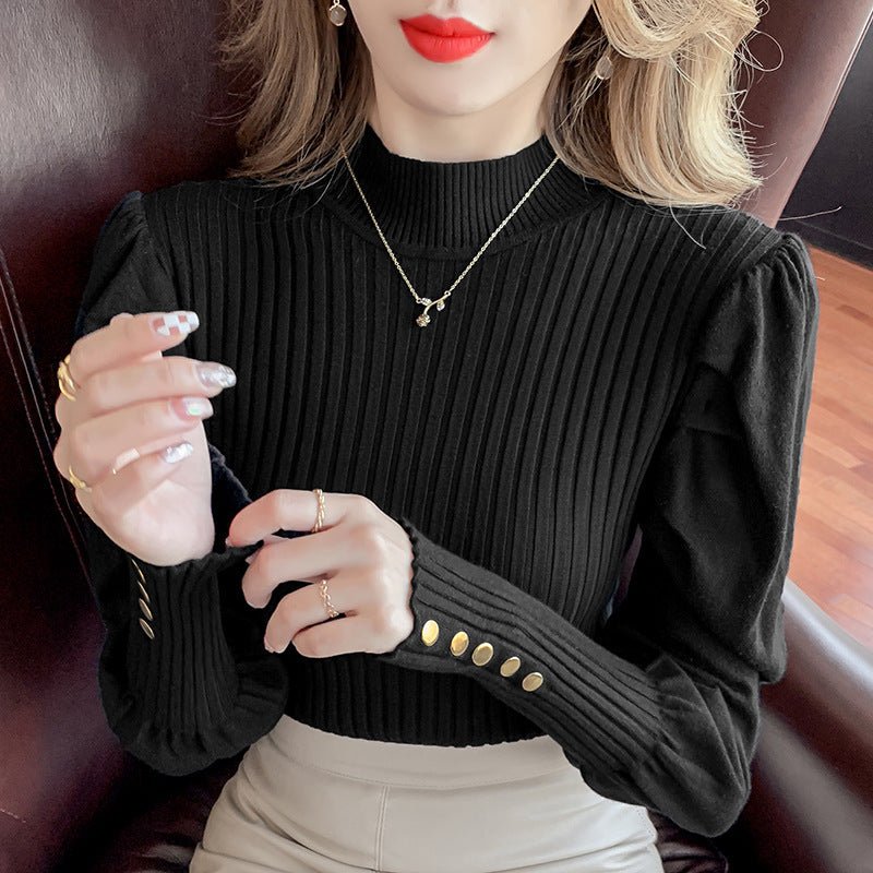 Slim Bubble Sleeve Semi-Turtleneck Pullover