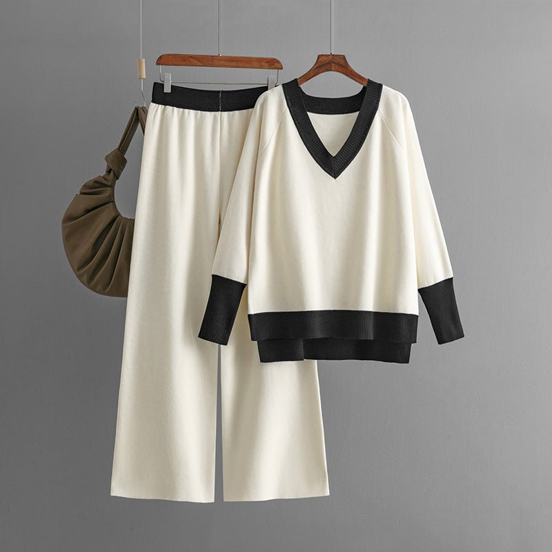 Contrast V-Neck Sweater & Wide Pants Set