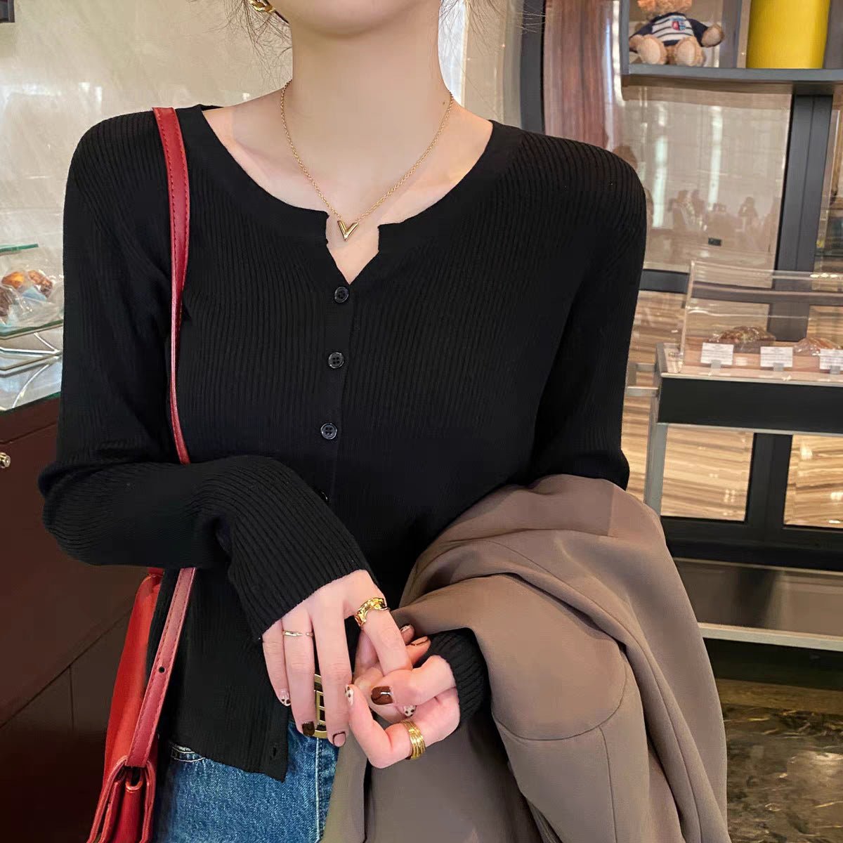 Solid V-Neck Core-Spun Cardigan