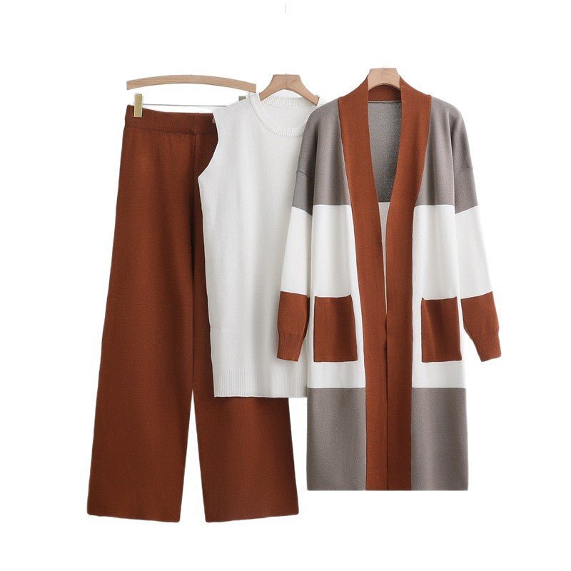 Lazy Knit Cardigan, Vest & Wide Pants Set