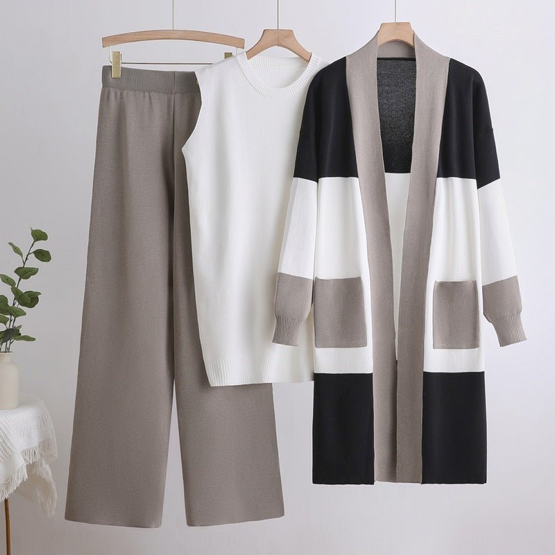 Lazy Knit Cardigan, Vest & Wide Pants Set