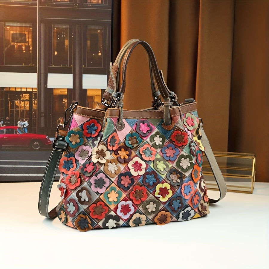 Multicolor Floral Leather Tote Bag with Detachable Strap