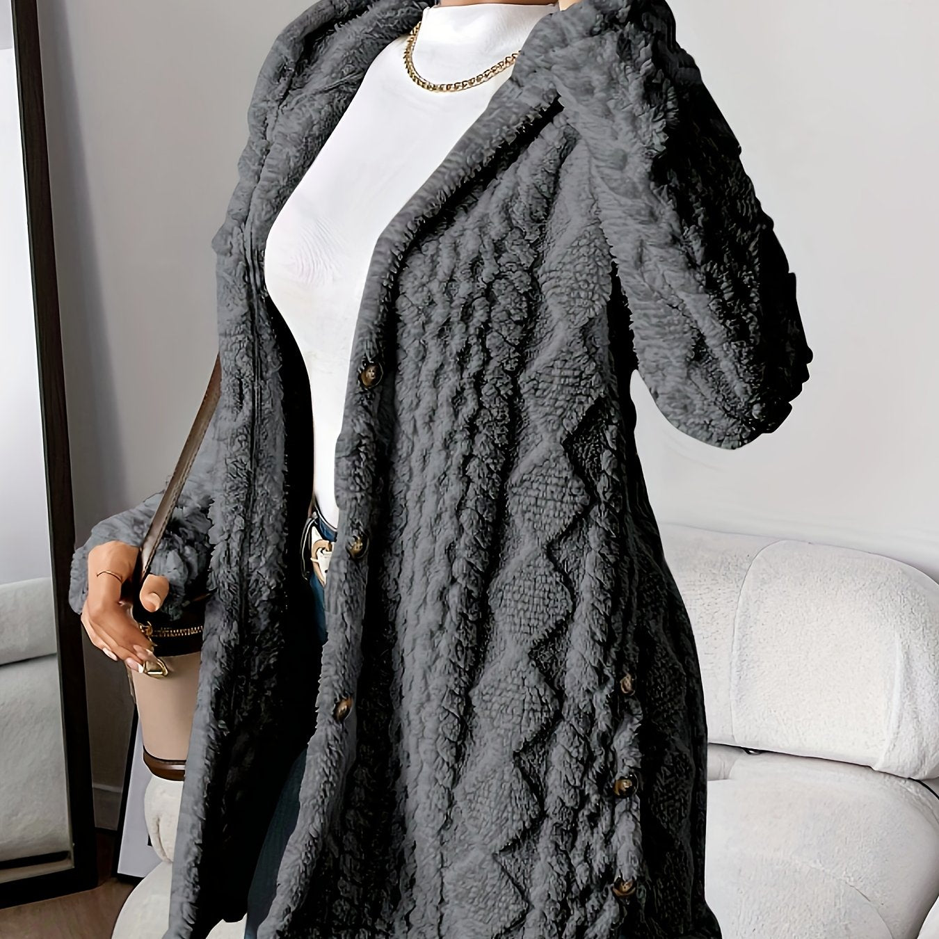 Warm Argyle Jacquard Plush Hooded Cardigan Coat