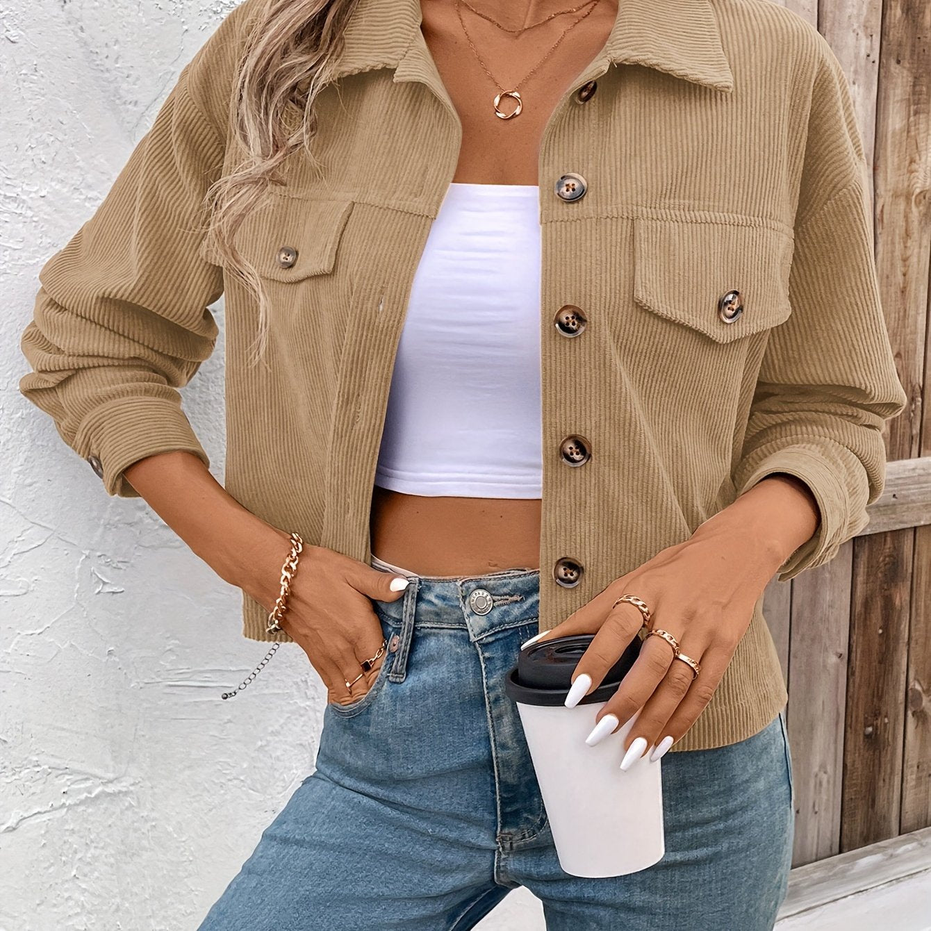 Chic Light Corduroy Button-Up Jacket with Ribbed Cuffs